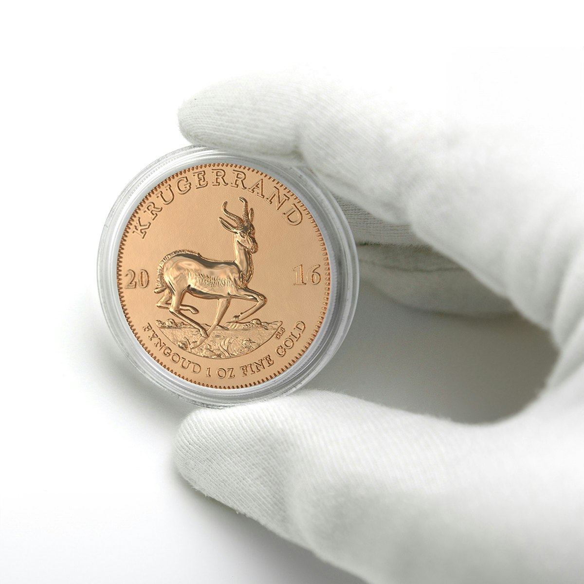 Die Rückseite der Krügerrand Goldmünze, hier ist das Nationaltier von Südafrika, eine Springbock-Antilope, abgebildet. In Gold sparen mit Golden Gates.