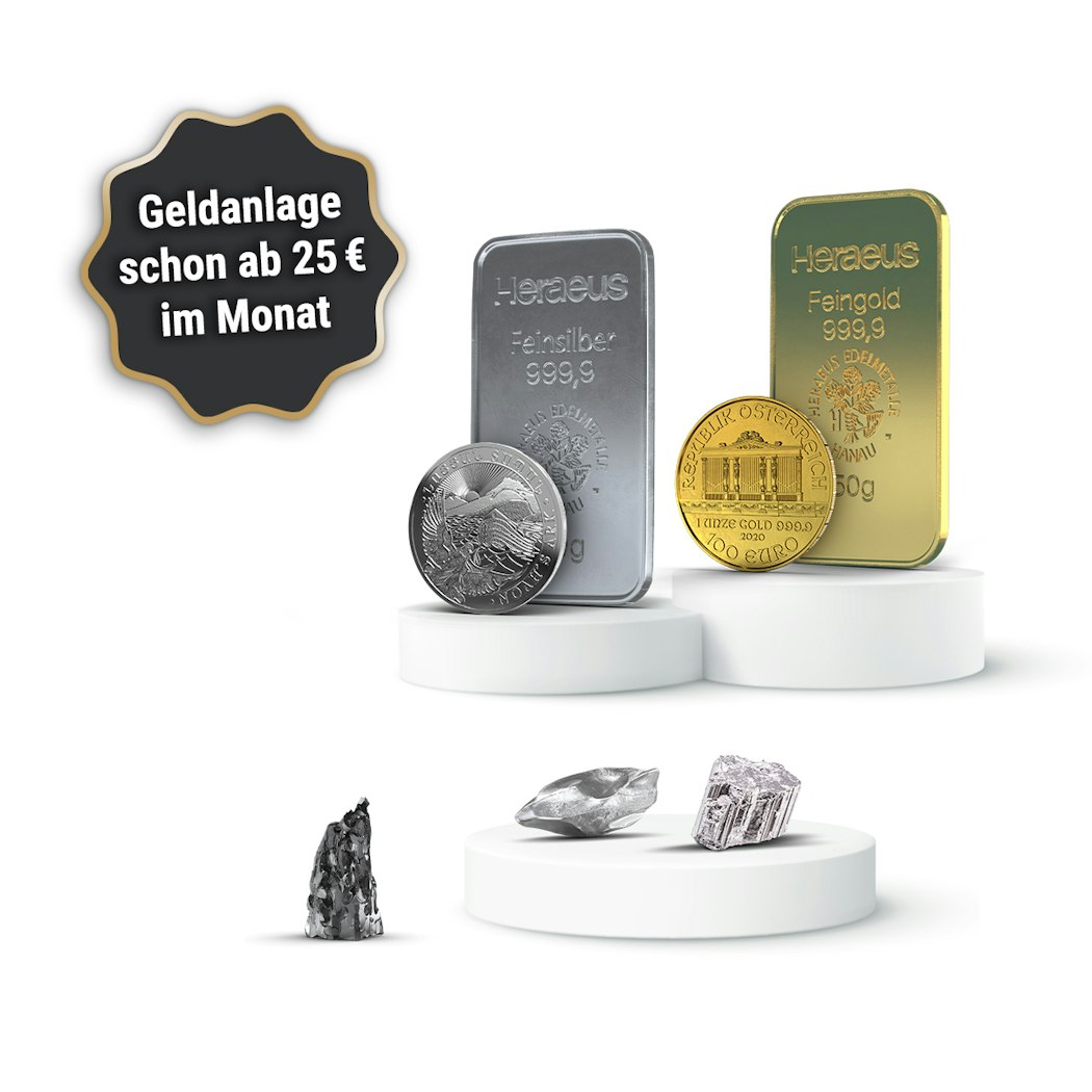 Ein Goldbarren und -münze, ein Silberbarren und -münze und Technologiemetalle stehen auf je einem Podest. In der linken oberen Ecke ist eine in einer welligen Blase geschrieben: „Geldanlage schon ab 25 Euro im Monat“. Entdecken auch Sie die Sparpläne von Golden Gates.