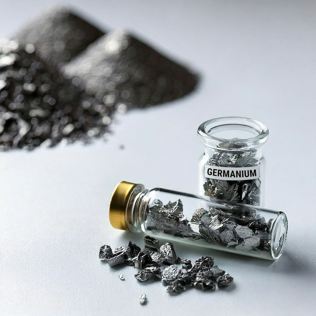 Neben einer kleinen Flasche mit Germanium ist ein Reagenzglas auf gestellt. Im Hintergrund sieht man kleine Haufen mit fein gemahlenem Metall. Anerkannter Edelmetallhändler Golden Gates.