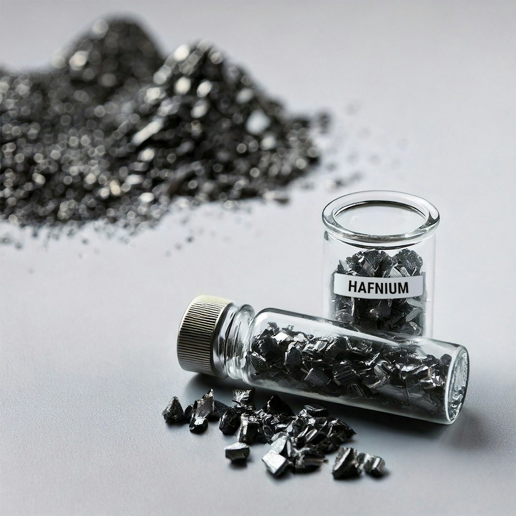 Neben einer kleinen Flasche mit Hafnium ist ein Reagenzglas auf gestellt. Im Hintergrund sieht man kleine Haufen mit fein gemahlenem Metall. Anerkannter Edelmetallhändler Golden Gates.