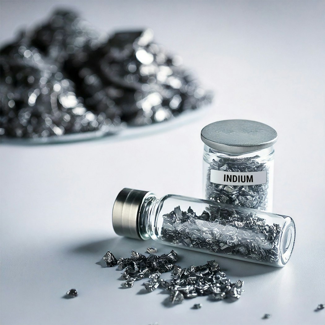 Neben einer kleinen Flasche mit Indium ist ein Reagenzglas auf gestellt. Im Hintergrund sieht man kleine Haufen mit fein gemahlenem Metall. Anerkannter Edelmetallhändler Golden Gates.