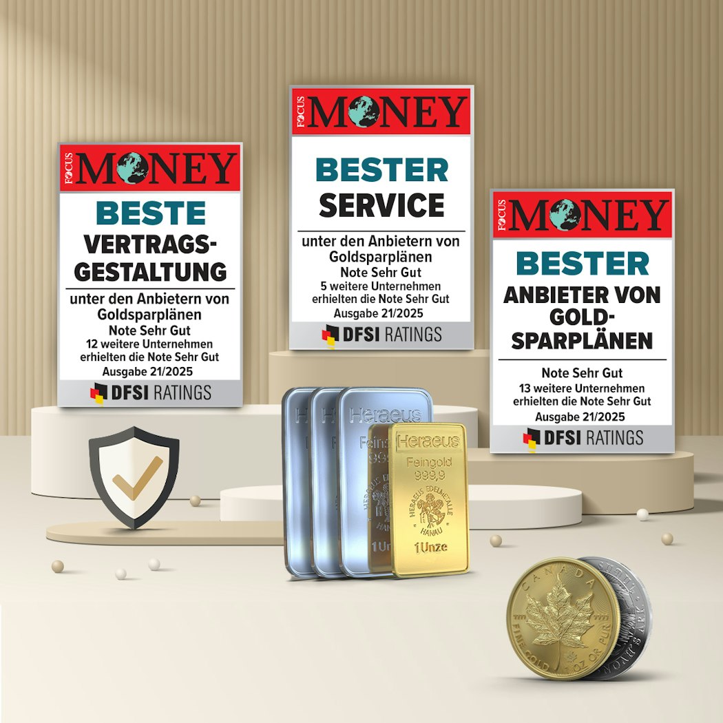 Vor einem hellen Hintergrund stehen drei Podeste mit den Focus Money Auszeichnungen 2025 für Golden Gates. Davor stehen vier Edelmetallbarren und je eine Gold- und Silbermünze. Anerkannter Edelmetallhändler Golden Gates.