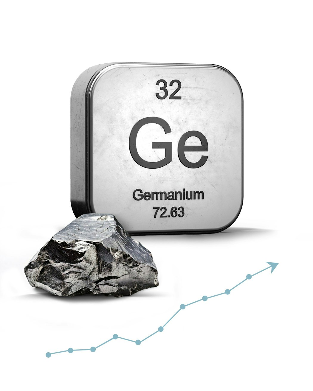 Dieses Bild zeigt das Metall Germanium und die Ordnungszahl 32, darunter ist ein Pfeil, welcher schräg nach oben zeigt abgebildet. Sparen auch Sie in Technologiemetalle, mit den Sparplänen von Golden Gates.