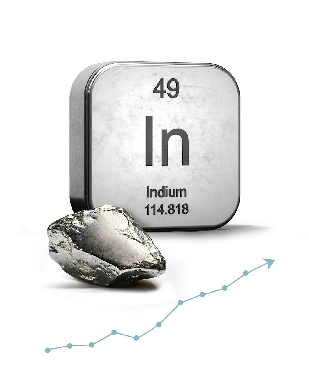 Dieses Bild zeigt das Metall Indium und die Ordnungszahl 49, darunter ist ein Pfeil, welcher schräg nach oben zeigt abgebildet. Sparen auch Sie in Technologiemetalle, mit den Sparplänen von Golden Gates.