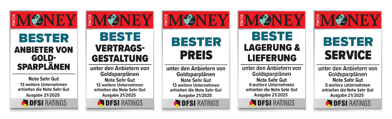 Focus Money Auszeichnung für Bester Anbieter von Goldsparplänen, bester Service, beste Lagerung & Lieferung, beste Vertragsgestaltung und bester Preis mit der Note Sehr Gut. Ausgabe 21/2025, für Golden Gates.