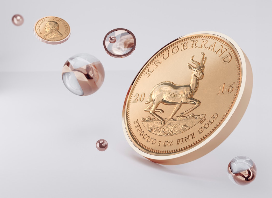 Die Rückseite der Krügerrand Goldmünze, hier ist das Nationaltier von Südafrika, eine Springbock-Antilope, abgebildet. In Gold sparen mit Golden Gates.
