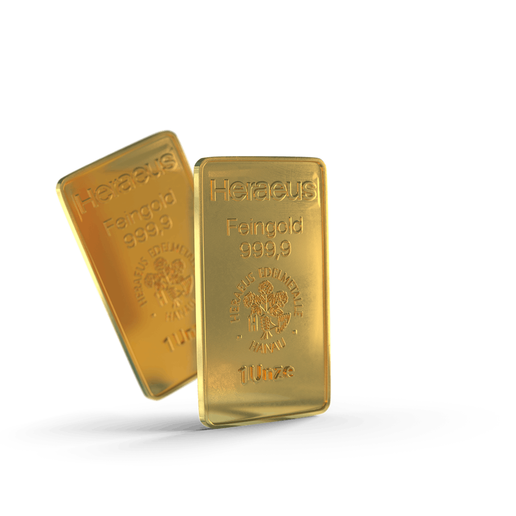 Zwei Goldbarren, der eine schweb leicht schräg hinter den anderen hervor. Sparen Sie jetzt in Gold mit den Sparplänen oder Einmalanlagen von Golden Gates.