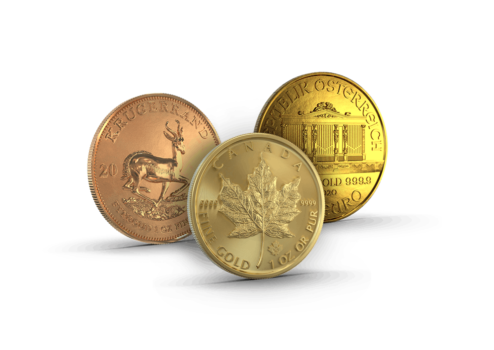 Drei hintereinander aufgereihte Goldmünzen (Krügerrand, Wiener Philharmoniker, Maple Leaf,). Mit den Golden Gates  Sparplänen können auch Sie Ihr Geld richtig anlegen und Edelmetalle ansparen.