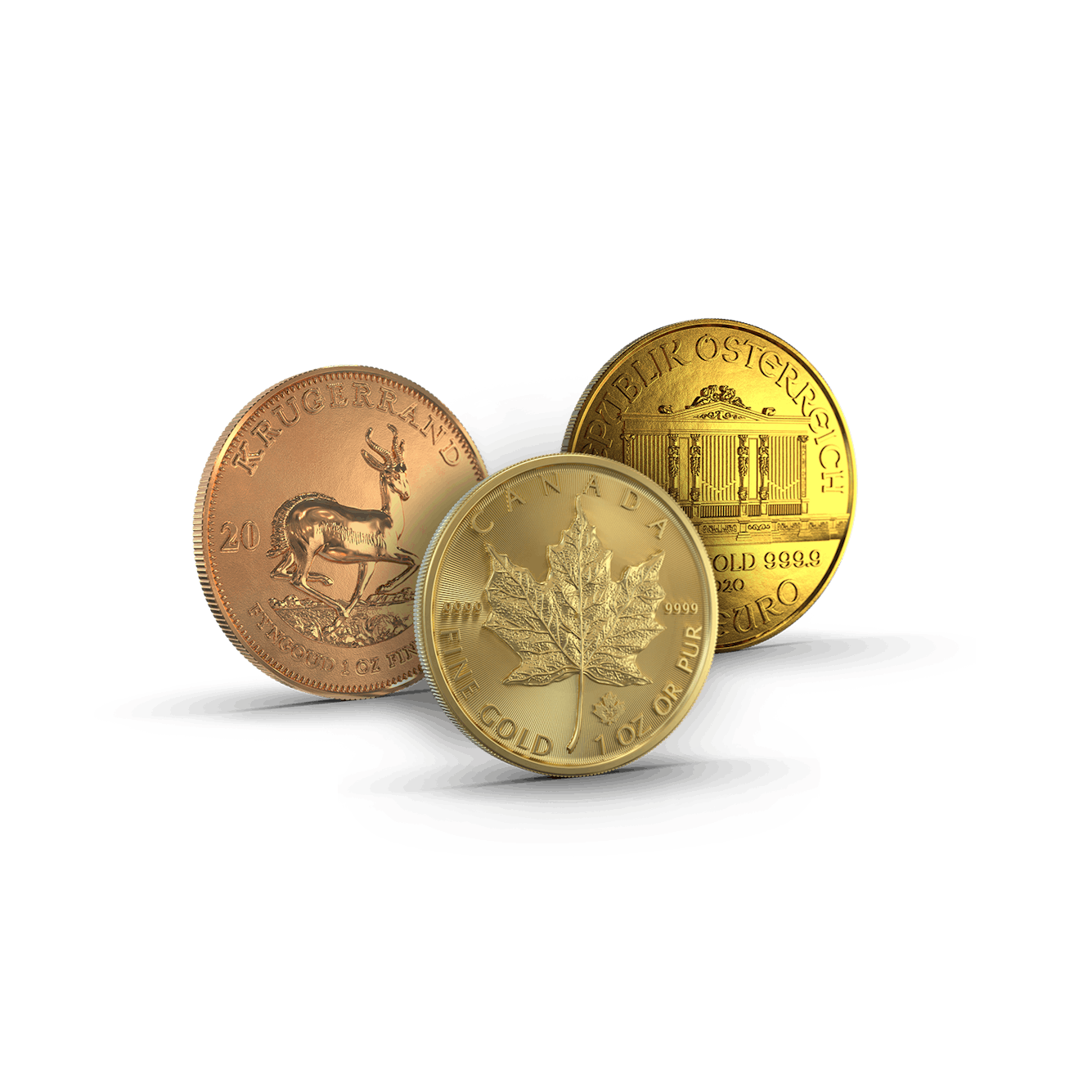 Drei hintereinander aufgereihte Goldmünzen (Krügerrand, Wiener Philharmoniker, Maple Leaf,). Mit den Golden Gates  Sparplänen können auch Sie Ihr Geld richtig anlegen und Edelmetalle ansparen.
