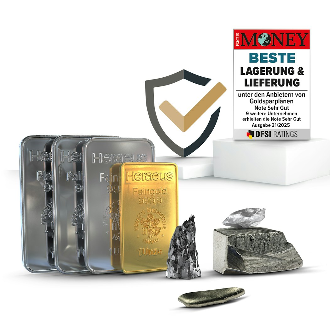 Neben aufgereihten Barren aus Gold, Silber, Platin und Palladium, stehen Technologiemetalle und Selten Erden. Dahinter steht, auf einem Podest die Auszeichnung von Focus Money für Beste Lagerung & Lieferung. Sparen auch Sie in Anlagemetalle mit Golden Gates.
