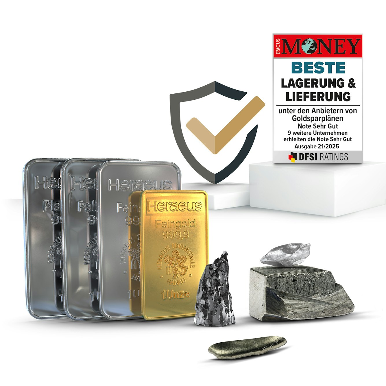 Neben aufgereihten Barren aus Gold, Silber, Platin und Palladium, stehen Technologiemetalle und Selten Erden. Dahinter steht, auf einem Podest die Auszeichnung von Focus Money für Beste Lagerung & Lieferung. Sparen auch Sie in Anlagemetalle mit Golden Gates.