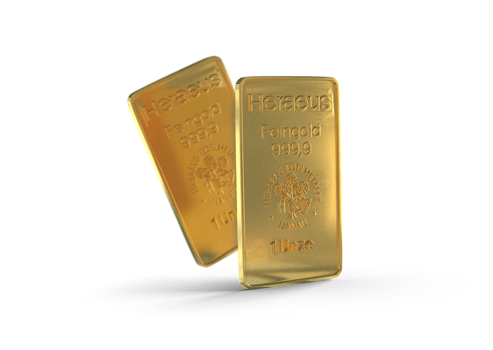 Zwei Goldbarren, der eine schweb leicht schräg hinter den anderen hervor. Sparen Sie jetzt in Gold mit den Sparplänen oder Einmalanlagen von Golden Gates.