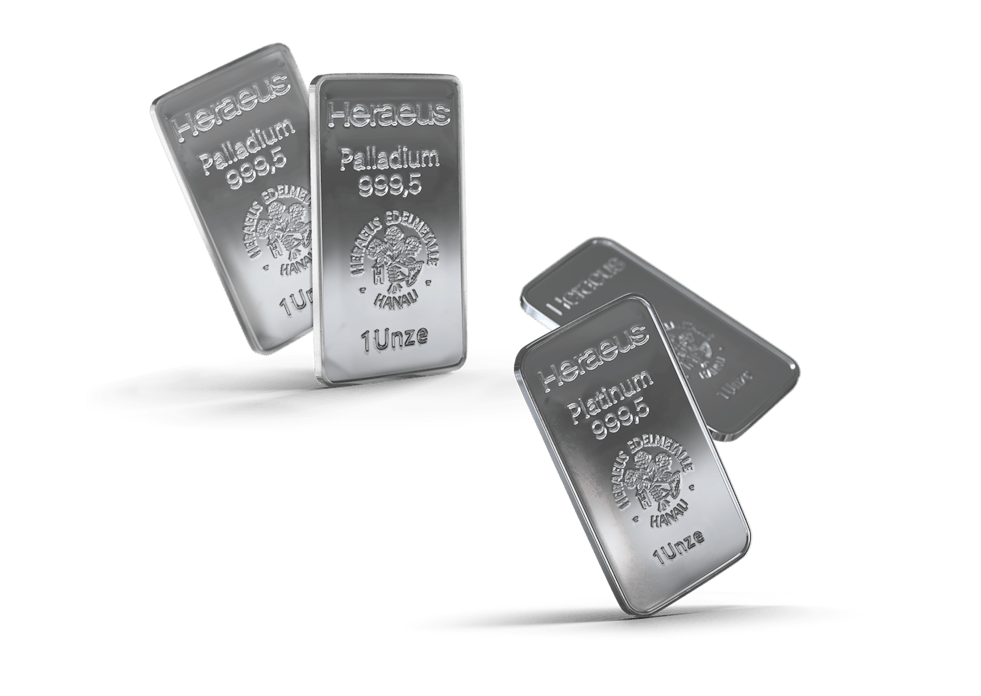 Je zwei Barren, wobei einer leicht schräg hinter dem anderen hervor steht. Die Weißmetalle Platin und Palladium in einem Sparplan vereint.