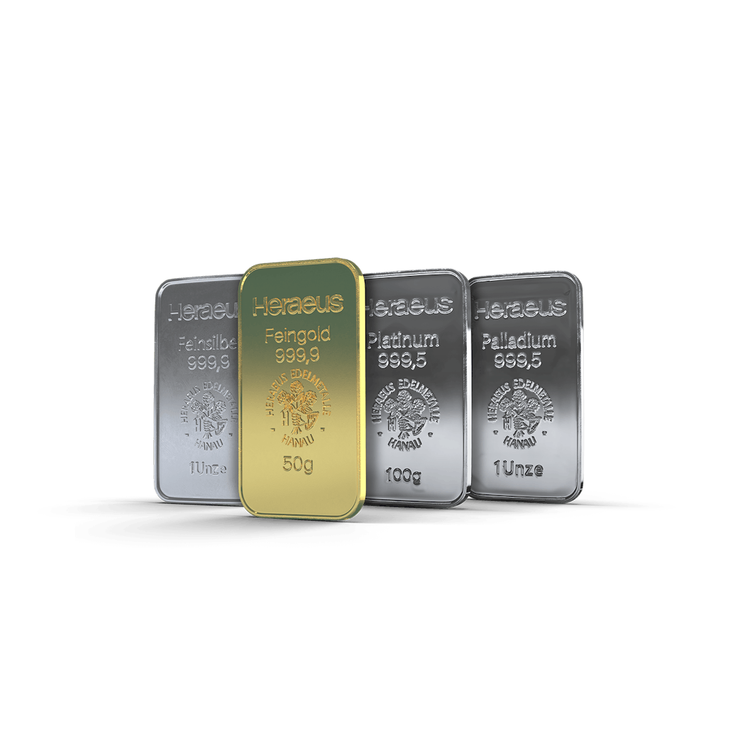 Edelmetall-Barren in Gold, Silber, Platin und Palladium erhältlich.