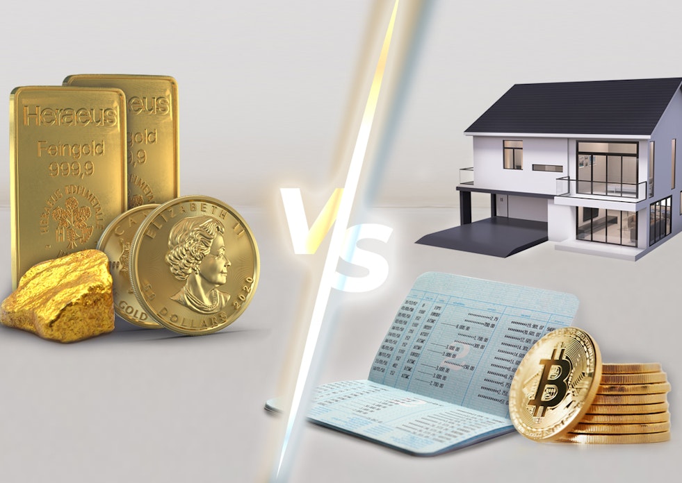 Auf der linken Seite stehen zwei Goldbarren, zwei Goldmünzen und ein goldenes Nugget. Auf der rechten Seite liegt ein Sparbuch an welchem Bitcoins lehnen, darüber ist ein Einfamilienhaus abgebildet. Edelmetalle sind eine sichere Wertanlage. Sparen auch Sie in Edelmetalle mit Golden Gates.