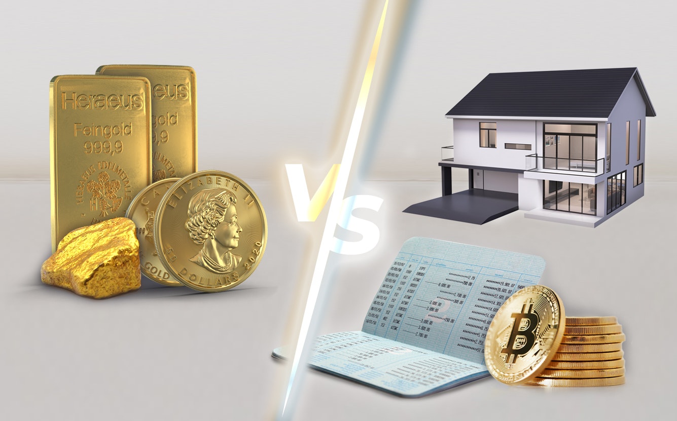 Auf der linken Seite stehen zwei Goldbarren, zwei Goldmünzen und ein goldenes Nugget. Auf der rechten Seite liegt ein Sparbuch an welchem Bitcoins lehnen, darüber ist ein Einfamilienhaus abgebildet. Edelmetalle sind eine sichere Wertanlage. Sparen auch Sie in Edelmetalle mit Golden Gates.