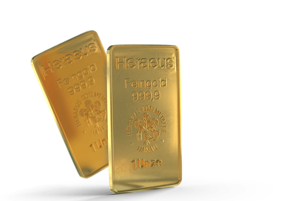 Zwei Goldbarren, der eine schweb leicht schräg hinter den anderen hervor. Sparen Sie jetzt in Gold mit den Sparplänen oder Einmalanlagen von Golden Gates.