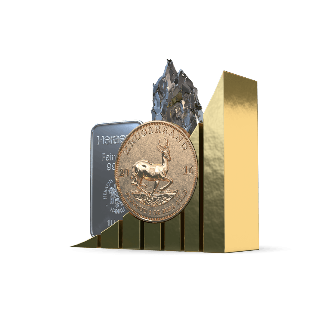 Vor dem Golden Gates Logo, schwebt eine Krügerrand Goldmünze, dahinter sind ein Silberbarren und ein Technologiemetall zu sehe. Anerkannter Edelmetallhändler Golden Gates.