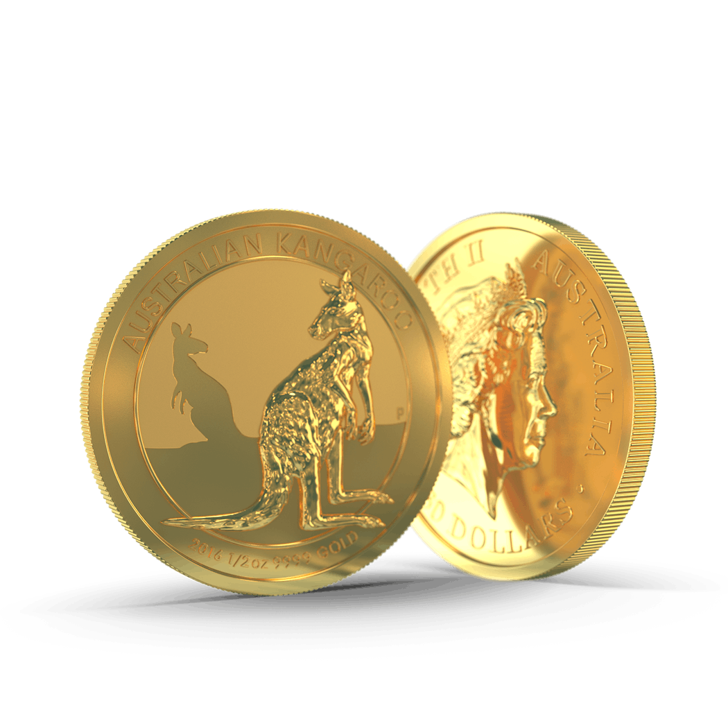 Die Vorder- und Rückseite der Kagaroo Goldmünze. Sparen auch Sie, mit dem Kindersparplan von Golden Gates, für die Zukunft Ihres Kindes.