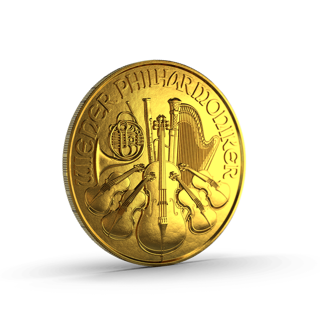 Die Vorderseite der Goldmünze Wiener Philharmoniker, zeigt die imposante Orgel des Wiener Musikvereins. In Gold sparen mit den Sparplänen von Golden Gates.