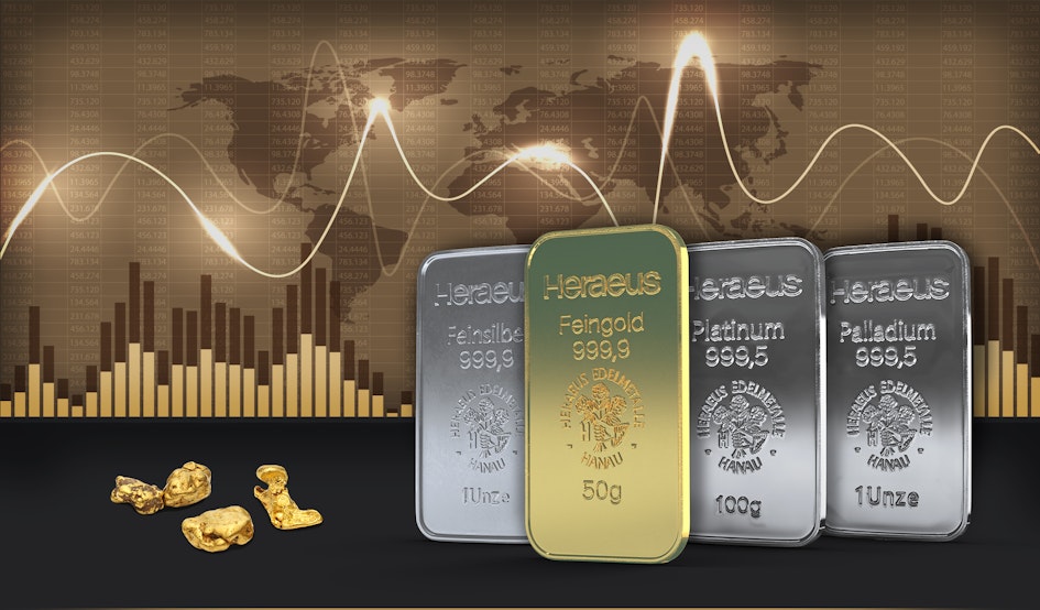 Im Hintergrund sieht man in Erdtönen die Weltkarte, davor sind in Barren Gold, Silber, Platin und Palladium abgebildet, denn Edelmetalle sind weltweit anerkanntes Währungsmittel. Golden Gates, ein führender Händler für Anlagemetalle.