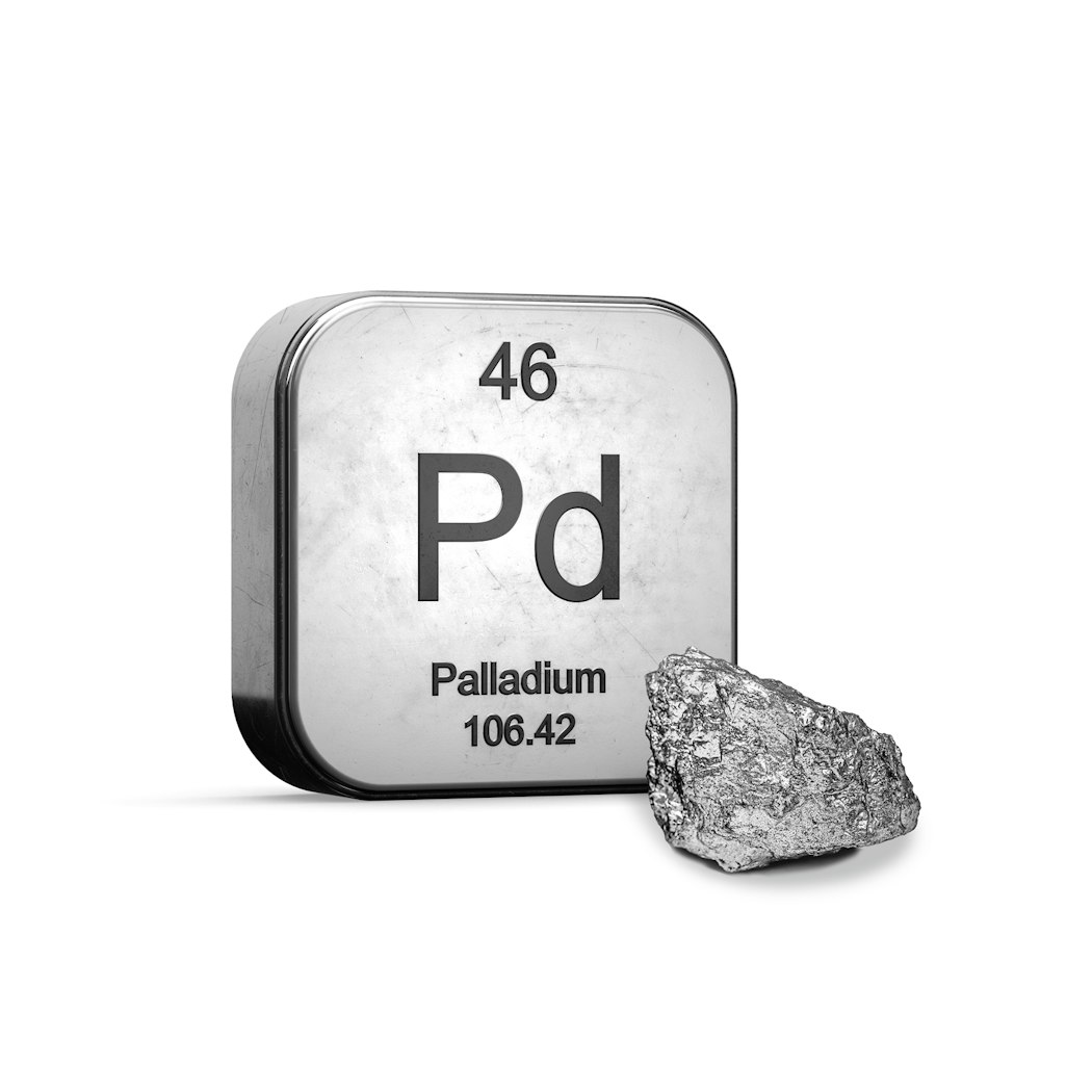 Neben dem Rohmetall ist die Abkürzung Pd und die Ordnungszahl 46 abgebildet. Palladium als Wertanlage und Vermögensschutz entdecken, mit dem Simple-Sparplan von Golden Gates.