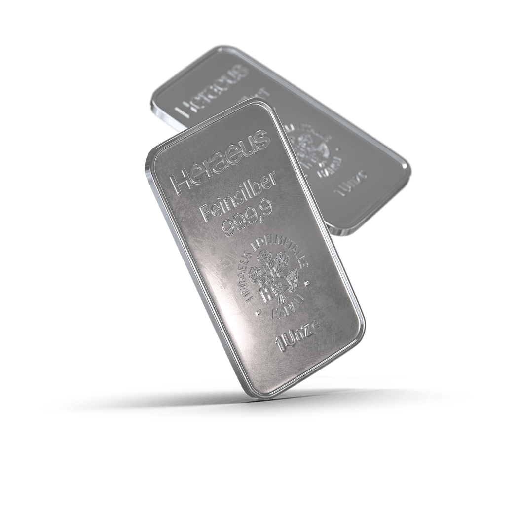 Zwei Silberbarren, der eine schweb leicht schräg hinter den anderen hervor. Sparen Sie jetzt in Silber mit den Sparplänen oder Einmalanlagen von Golden Gates.