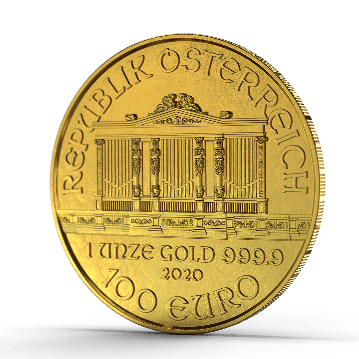Die Rückseite der Wiener Philharmoniker Goldmünze, hier ist die Kirchenorgel aus dem goldenen Saal des Wiener Musikvereins abgebildet. In Gold sparen mit den Sparplänen von Golden Gates.